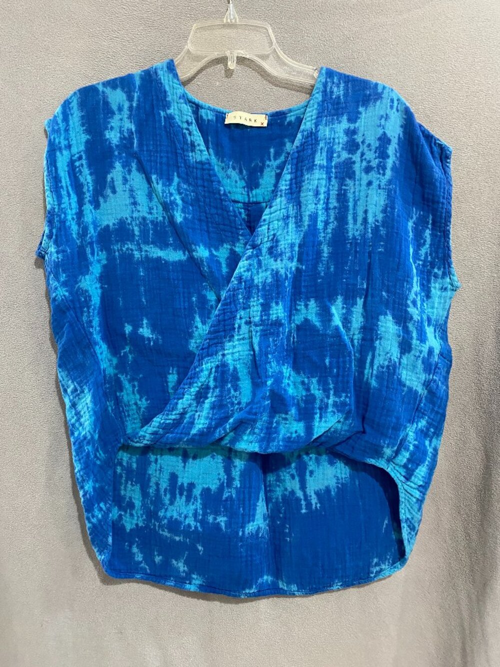 Stark X Blue Tie Dye Wrap Blouse 100% Cotton V Neck Oversized Tunic Top Size S